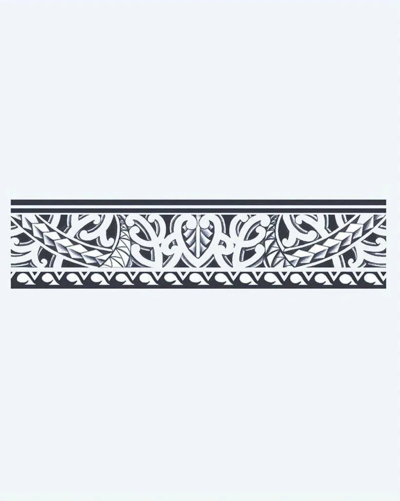 Design del tatuaggio semi-permanente Bracciale Maori di INKON – illustrazione polinesiano, bracciale, foglia, motivi, koru, 2 x 9 in (5x23cm), disponibile su inkon.co