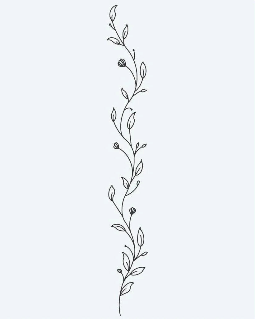Design del tatuaggio semi-permanente Tralcio Botanico di INKON – illustrazione delicato, rampicante, tralcio, piccole, foglie, 4 x 7 in (10x17cm), disponibile su inkon.co