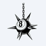 Design del tatuaggio semi-permanente Spiked 8-Ball Flail di INKON – illustrazione a puntinato di palla 8 trasformata in flagello chiodato, 3 x 4 in (7x10cm), disponibile su inkon.co