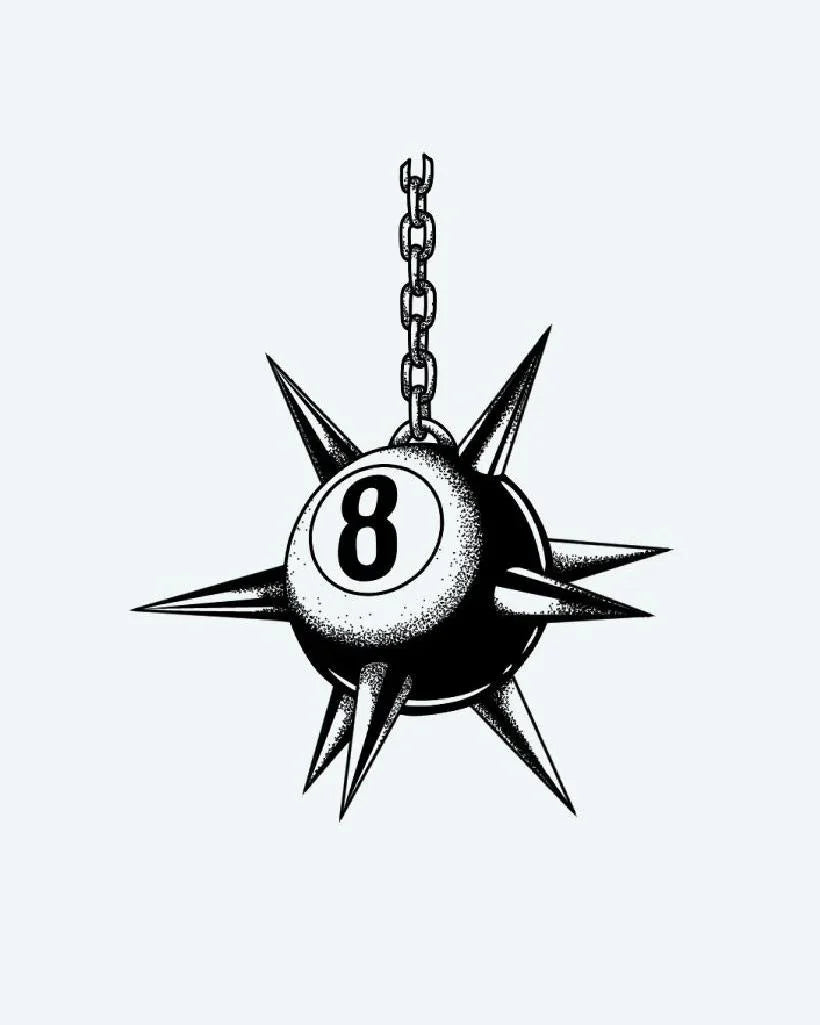 Design del tatuaggio semi-permanente Spiked 8-Ball Flail di INKON – illustrazione a puntinato di palla 8 trasformata in flagello chiodato, 3 x 4 in (7x10cm), disponibile su inkon.co