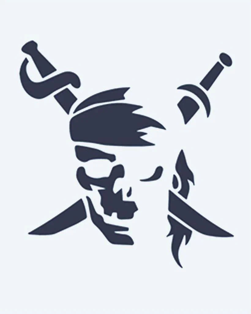 Design del tatuaggio semi-permanente Pirate Skull & Swords di INKON – illustrazione di teschio di pirata con bandana e sciabole incrociate, 2 x 2 in (5x5cm), disponibile su inkon.co
