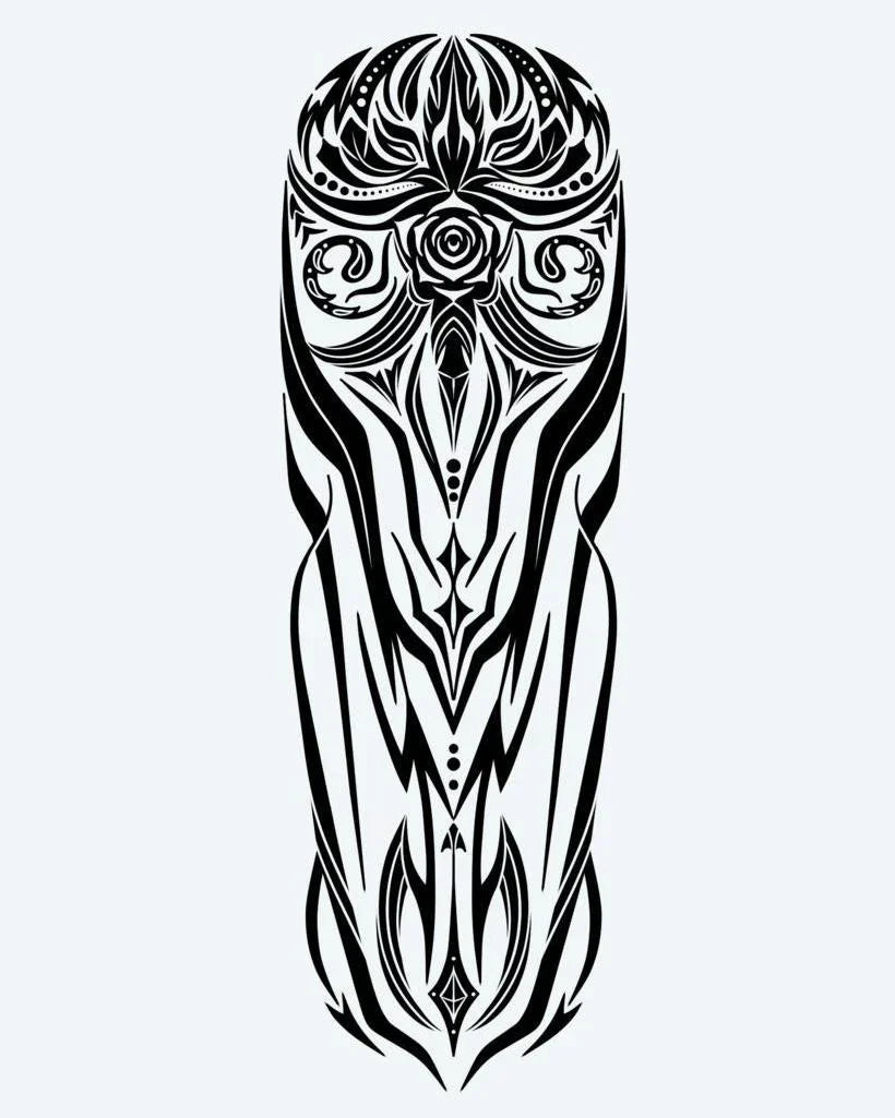 Design del tatuaggio semi-permanente Tribal Owl Totem di INKON – illustrazione di mistica figura di gufo tribale simmetrica, 8 x 20 in (20x50cm), disponibile su inkon.co