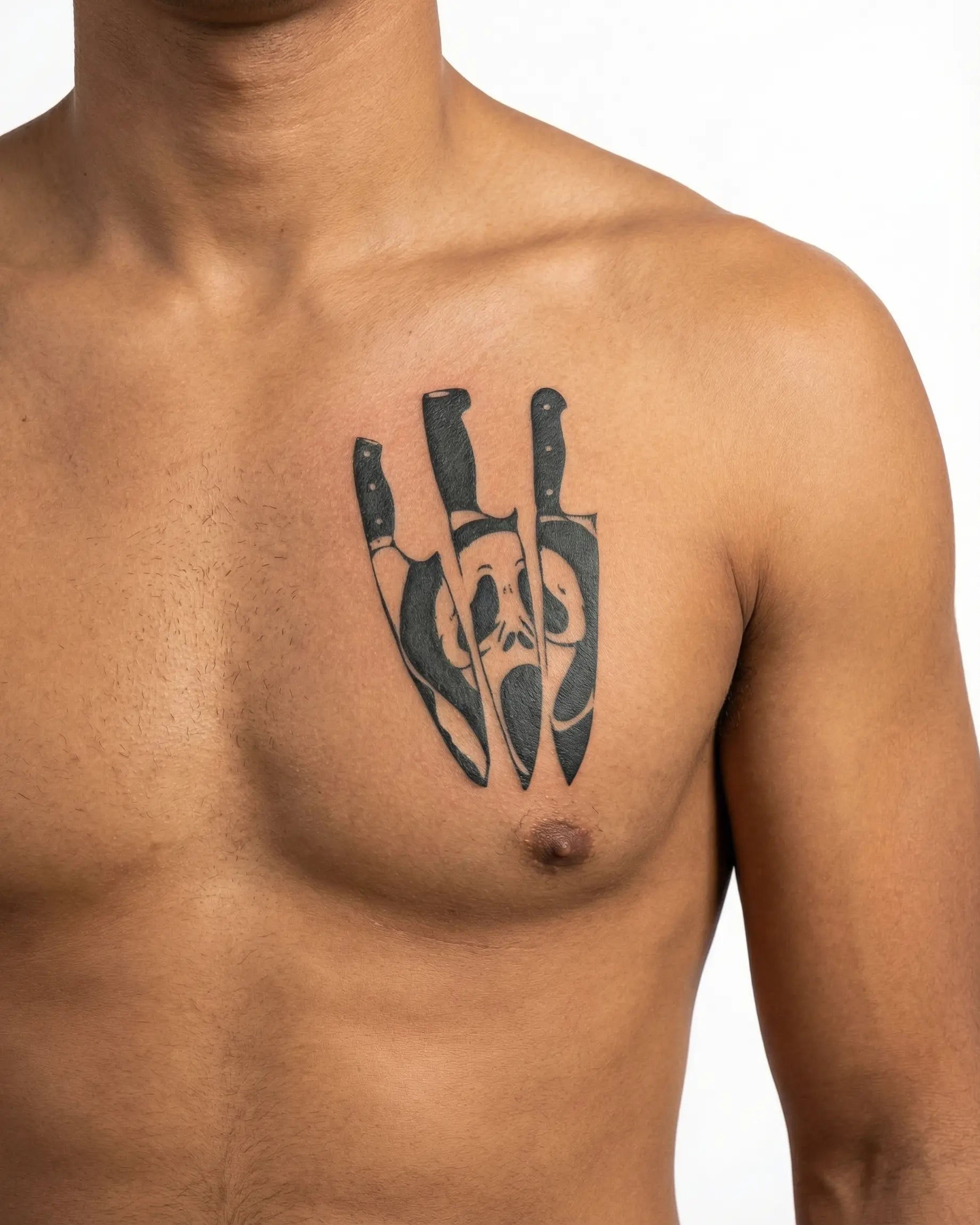 Tatuaggio semi-permanente INKON Ghost Face & Knives applicato su un uomo – design 4 x 4 in (9x9cm), aspetto realistico dell'inchiostro, dura 10 giorni
