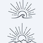 Design del tatuaggio semi-permanente Onda all'Alba e Montagne di INKON – illustrazione minimalista, linea, oceano, onda, alba, 4 x 7 in (10x17cm), disponibile su inkon.co