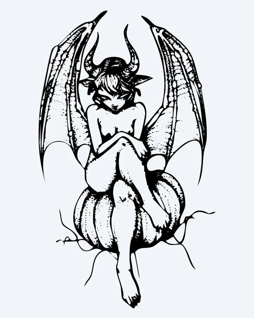 Design del tatuaggio semi-permanente Succubus di INKON – illustrazione seducente, succubo, alata, demone, ragazza, 3 x 4 in (7x10cm), disponibile su inkon.co