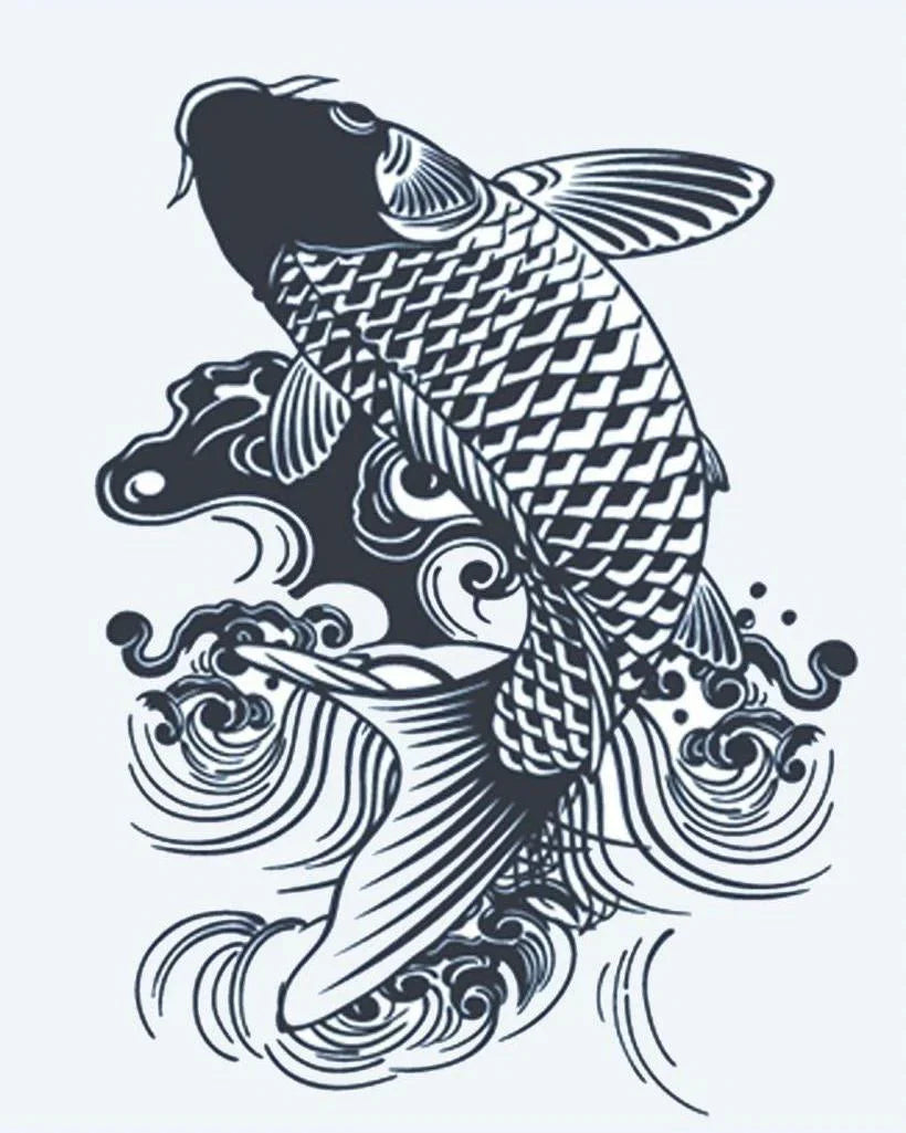 Design del tatuaggio semi-permanente Pesce Koi di INKON – illustrazione giapponese, pesce, salta, tra, onde, 4 x 7 in (10x17cm), disponibile su inkon.co