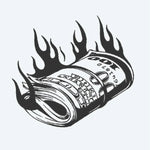 Design del tatuaggio semi-permanente Burning Money Roll di INKON – illustrazione fiamme, banconote, rotolo, arrotolata, pila, 3 x 4 in (7x10cm), disponibile su inkon.co