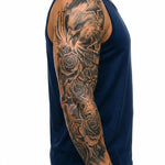 Tatuaggio semi-permanente INKON Eagle, Stars & Roses applicato su un uomo – design 8 x 20 in (20x50cm), aspetto realistico dell'inchiostro, dura 10 giorni