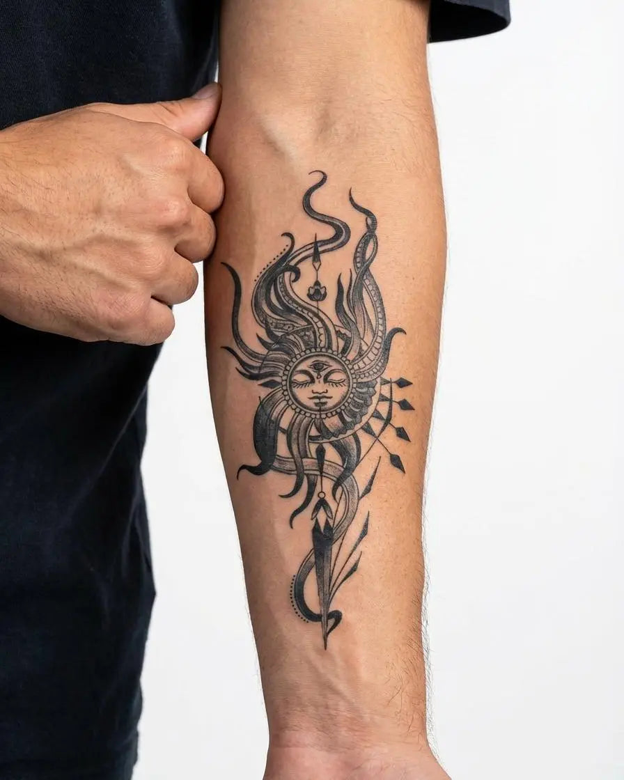 Tatuaggio semi-permanente INKON Volto del Sole Celeste applicato su un uomo – design 4 x 7 in (10x17cm), aspetto realistico dell'inchiostro, dura 10 giorni