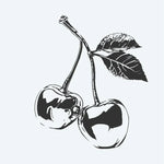 Design del tatuaggio semi-permanente Cherries di INKON – illustrazione di coppia di ciliegie mature su gambo con foglia, 2 x 2 in (5x5cm), disponibile su inkon.co