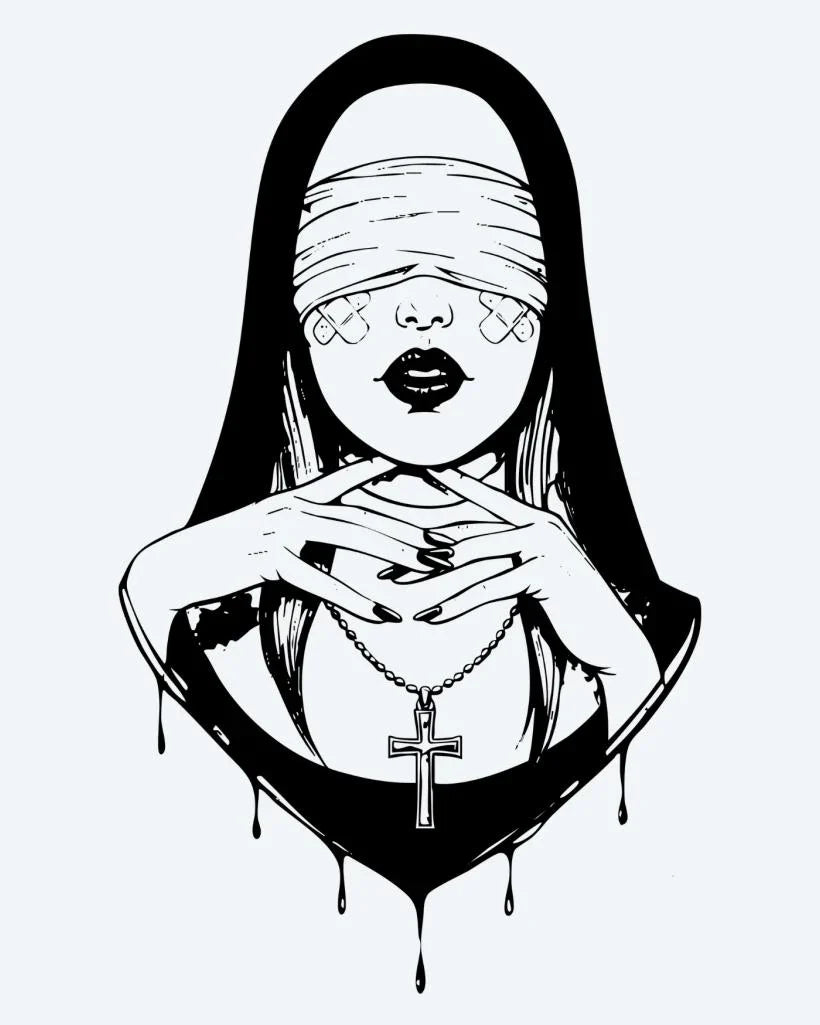 Design del tatuaggio semi-permanente Suora Bendata di INKON – illustrazione misteriosa, bendata, donna, velo, tiene, 4 x 7 in (10x17cm), disponibile su inkon.co