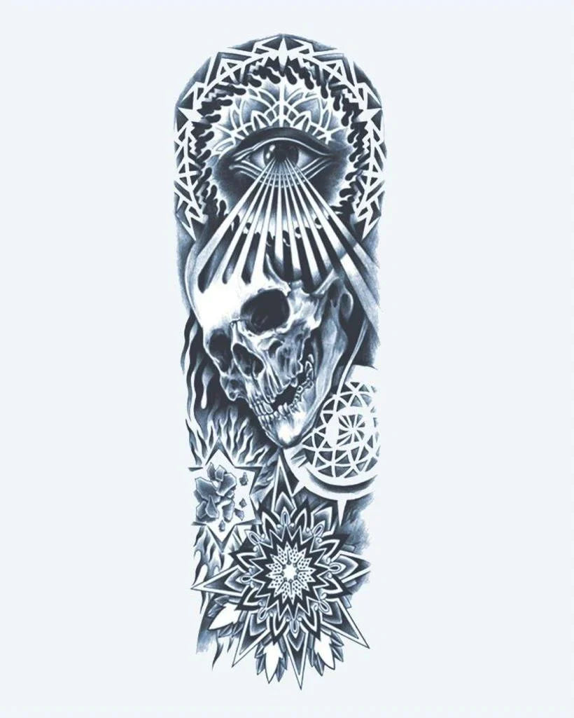 Design del tatuaggio semi-permanente Skull, All-Seeing Eye & Mandala di INKON – illustrazione mistico, manica, intera, teschio, onniveggente, 8 x 20 in (20x50cm), disponibile su inkon.co