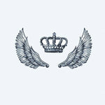 Design del tatuaggio semi-permanente Winged Crown di INKON – illustrazione reale, corona, affiancata, paio, spiegate, 3 x 4 in (6x11cm), disponibile su inkon.co