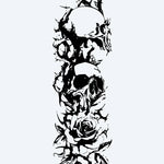 Design del tatuaggio semi-permanente Skulls & Roses Sleeve di INKON – illustrazione manica, intera, teschi, intrecciati, rose, 8 x 20 in (20x50cm), disponibile su inkon.co