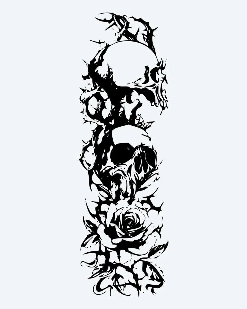 Design del tatuaggio semi-permanente Skulls & Roses Sleeve di INKON – illustrazione manica, intera, teschi, intrecciati, rose, 8 x 20 in (20x50cm), disponibile su inkon.co