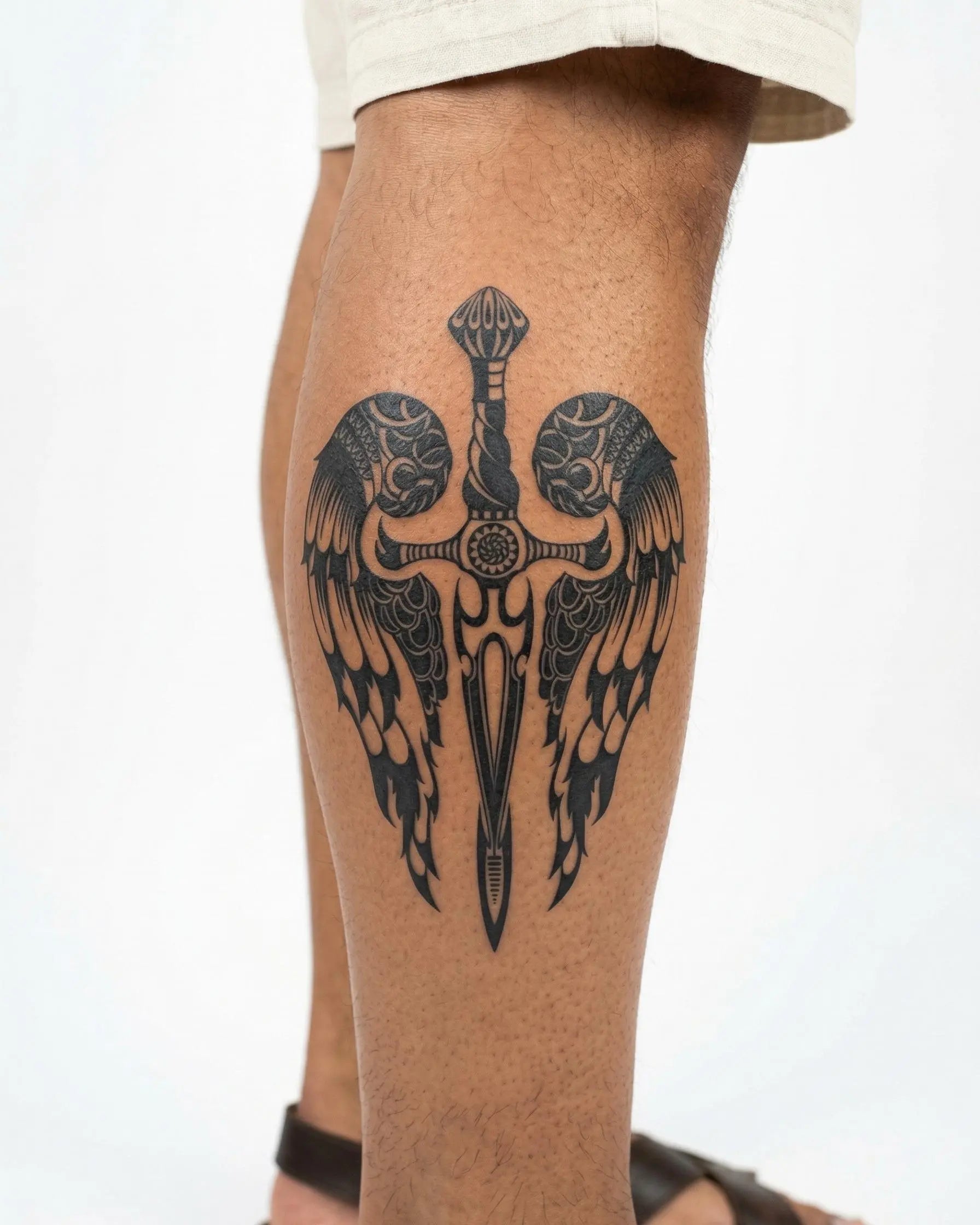 Tatuaggio semi-permanente INKON Pugnale Alato applicato su un uomo – design 4 x 7 in (10x17cm), aspetto realistico dell'inchiostro, dura 10 giorni