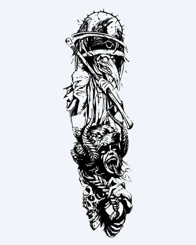 Design del tatuaggio semi-permanente Plague Doctor & Bear di INKON – illustrazione dark, peste, medico, figura, orso, 8 x 20 in (20x50cm), disponibile su inkon.co