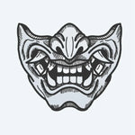 Design del tatuaggio semi-permanente Maschera Oni di INKON – illustrazione giapponese, demone, mezza, maschera, affilate, 4 x 4 in (9x9cm), disponibile su inkon.co