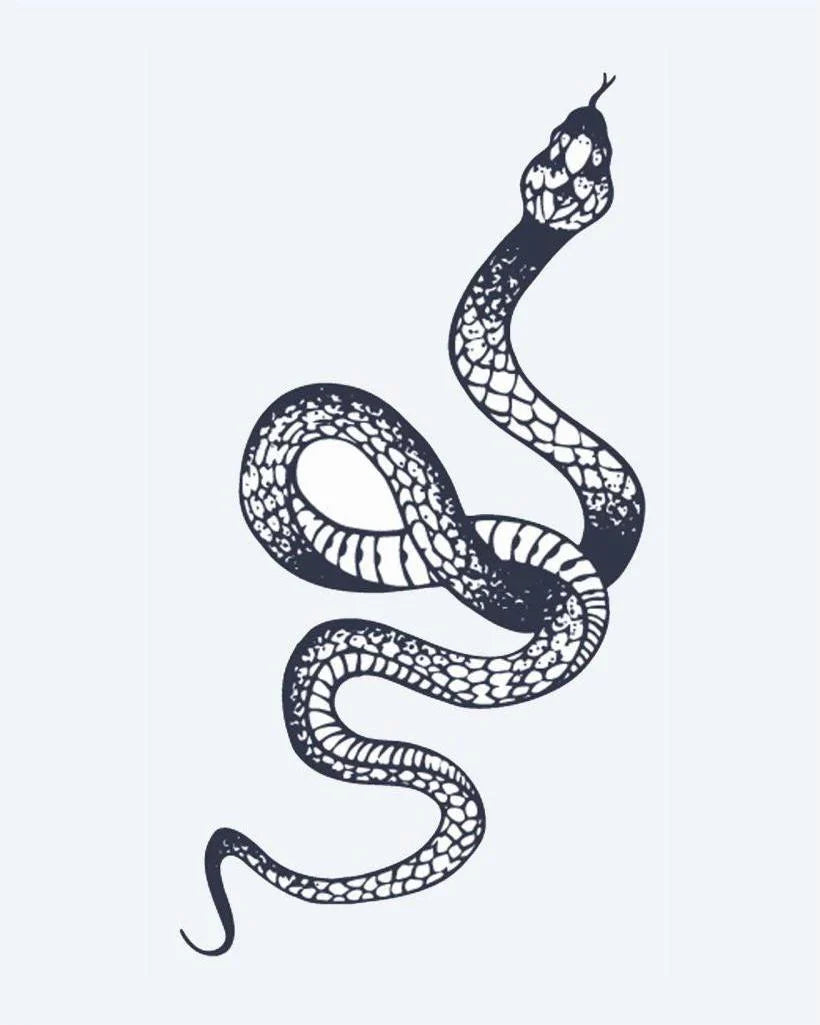 Design del tatuaggio semi-permanente Serpente di INKON – illustrazione serpeggiante, serpente, squame, motivi, 2 x 5 in (5x10cm), disponibile su inkon.co