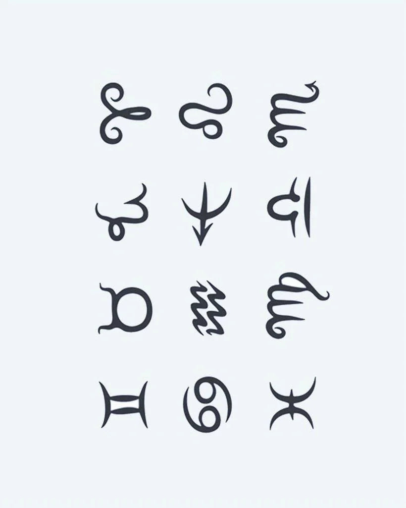 Design del tatuaggio semi-permanente Collezione Segni Zodiacali di INKON – illustrazione zodiaco, simbolo, tatuaggi, minimalista, calligrafico, 4 x 7 in (10x17cm), disponibile su inkon.co