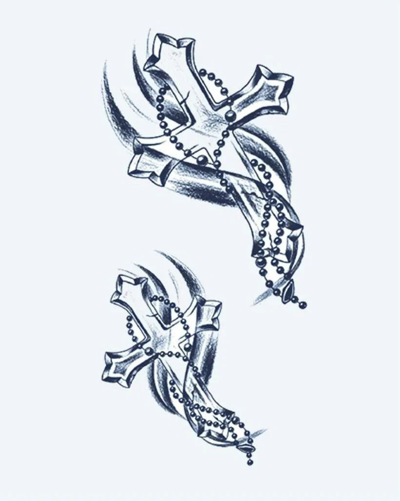 Design del tatuaggio semi-permanente Croci e Rosario di INKON – illustrazione ornato, gotico, croci, collegate, fluente, 4 x 7 in (10x17cm), disponibile su inkon.co