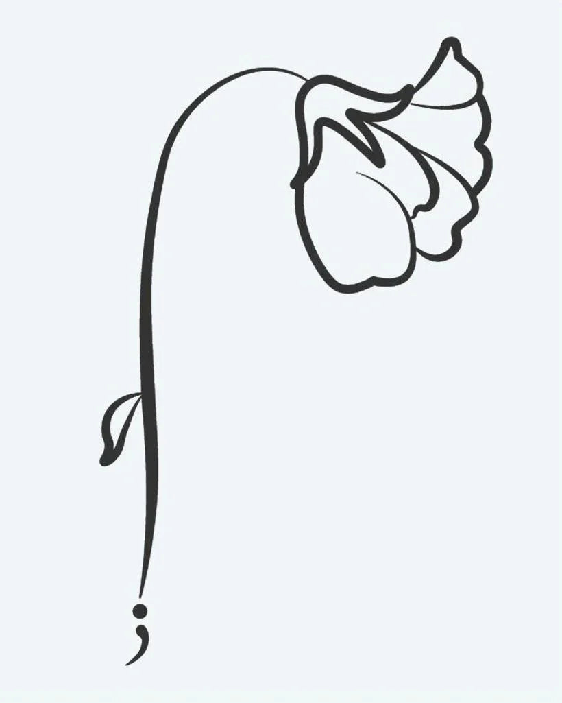 Design del tatuaggio semi-permanente Semicolon Flower di INKON – illustrazione di fiore cadente con punto e virgola, 2 x 2 in (5x5cm), disponibile su inkon.co