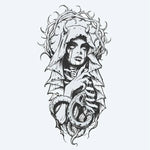 Design del tatuaggio semi-permanente Veiled Lady & Serpent di INKON – illustrazione dark, gotico, velata, lacrime, donna, 4 x 8 in (11x21cm), disponibile su inkon.co