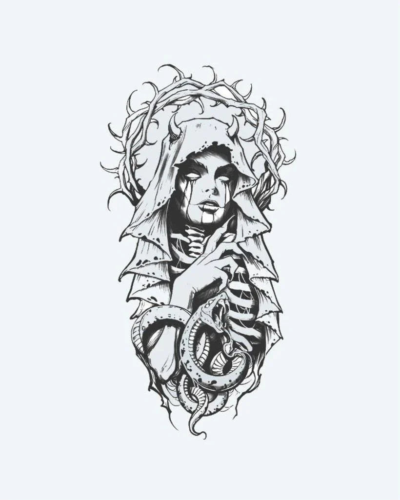 Design del tatuaggio semi-permanente Veiled Lady & Serpent di INKON – illustrazione dark, gotico, velata, lacrime, donna, 4 x 8 in (11x21cm), disponibile su inkon.co