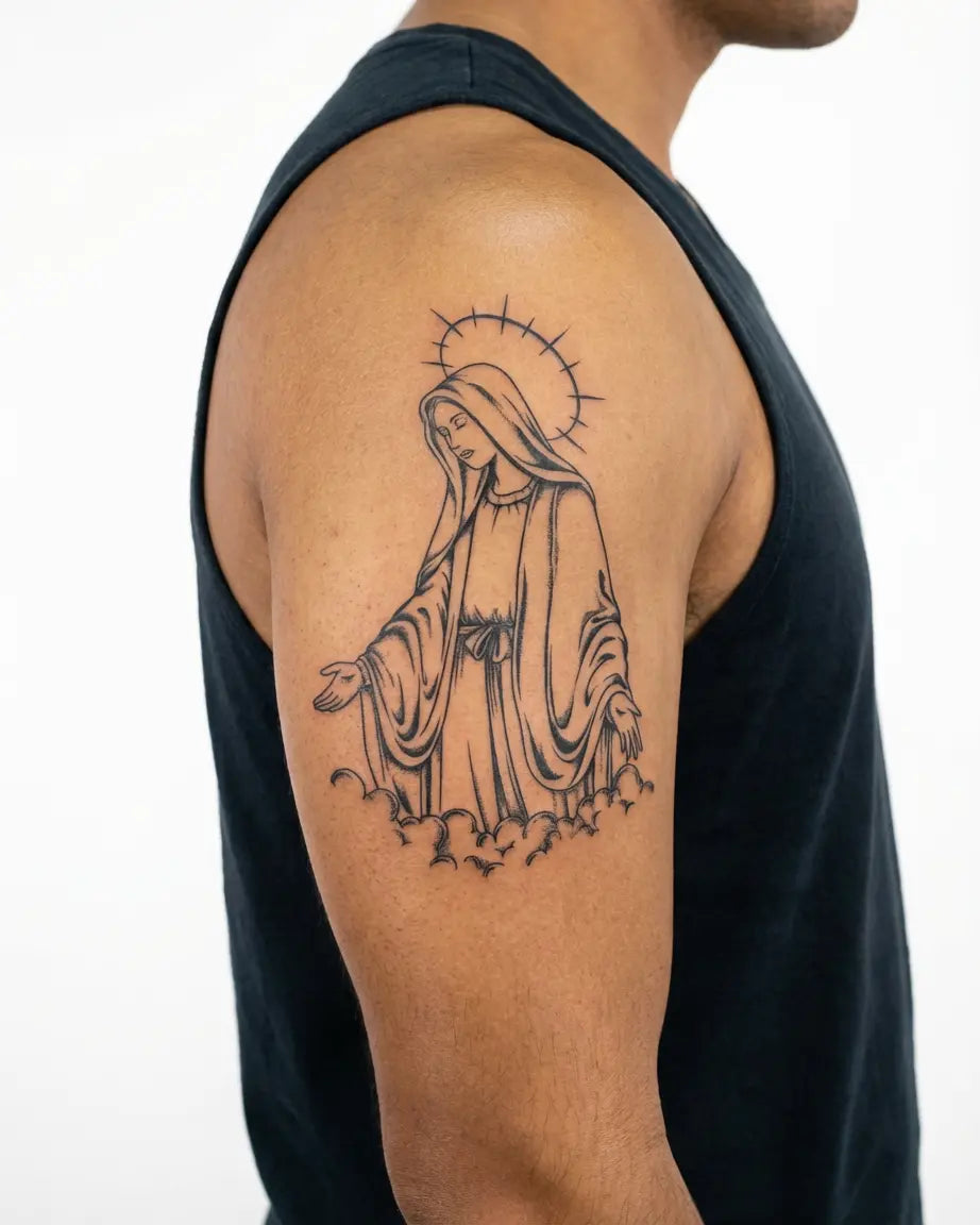 Tatuaggio semi-permanente INKON Holy Mother applicato su un uomo – design 4 x 7 in (10x17cm), aspetto realistico dell'inchiostro, dura 10 giorni
