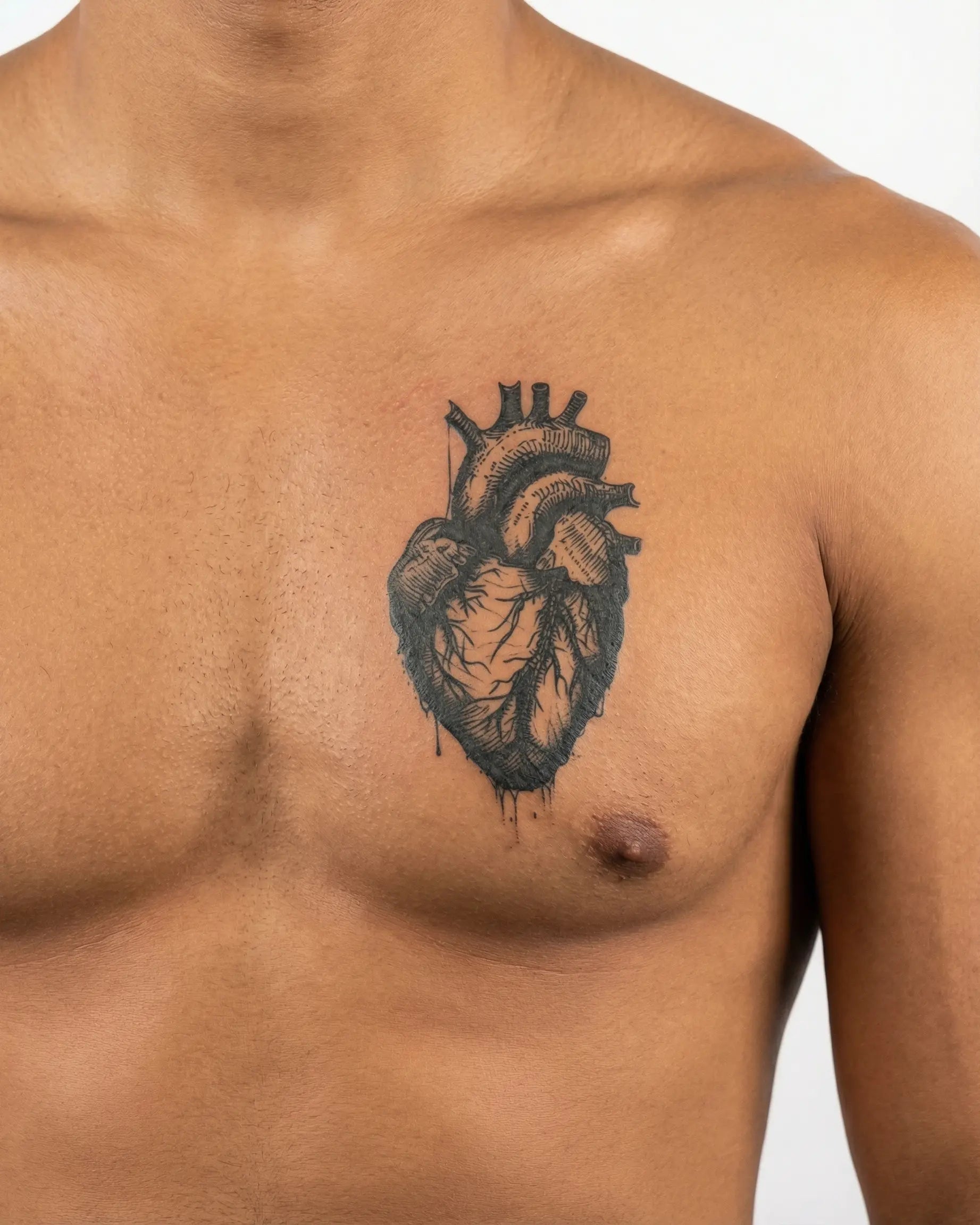 Tatuaggio semi-permanente INKON Anatomical Heart applicato su un uomo – design 4 x 4 in (9x9cm), aspetto realistico dell'inchiostro, dura 10 giorni