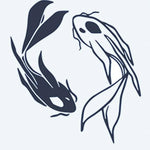 Design del tatuaggio semi-permanente Koi Fish Duo di INKON – illustrazione di due pesci koi in formazione circolare in stile giapponese, 2 x 2 in (5x5cm), disponibile su inkon.co