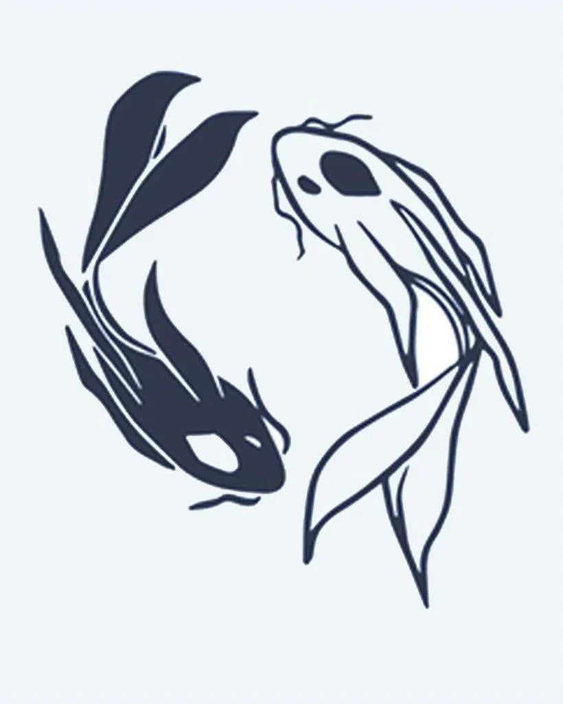 Design del tatuaggio semi-permanente Koi Fish Duo di INKON – illustrazione di due pesci koi in formazione circolare in stile giapponese, 2 x 2 in (5x5cm), disponibile su inkon.co