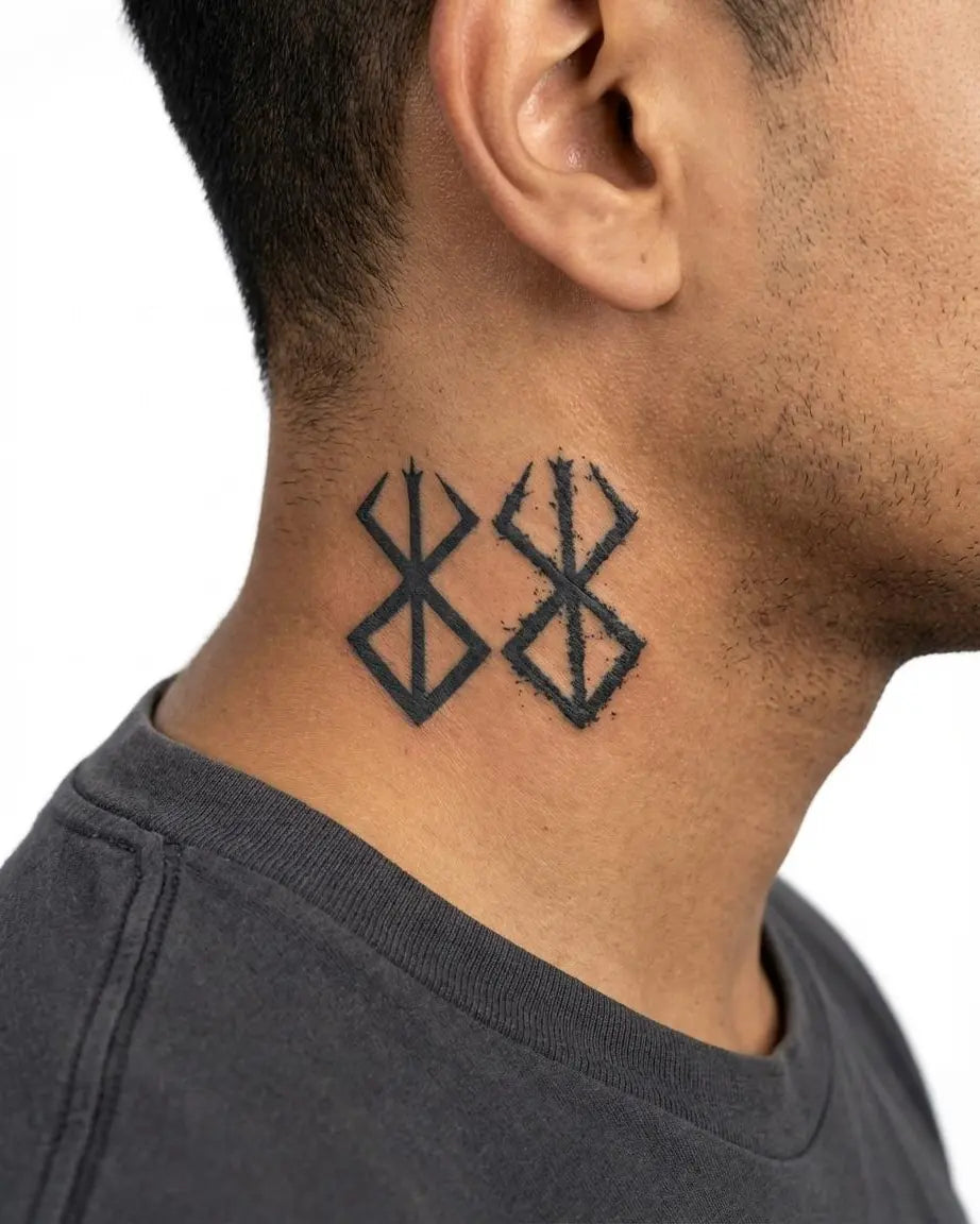 Tatuaggio semi-permanente INKON Norse Rune Symbol applicato su un uomo – design 3 x 4 in (7x10cm), aspetto realistico dell'inchiostro, dura 10 giorni