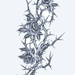 Design del tatuaggio semi-permanente Rose e Spine di INKON – illustrazione tre, in fiore, rose, spinoso, ramo, 4 x 7 in (10x17cm), disponibile su inkon.co