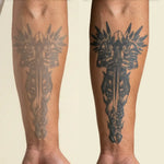 Tatuaggio semi-permanente INKON prima e dopo – a sinistra l'aspetto chiaro subito dopo l'applicazione, a destra il risultato finale scuro e realistico in stile dotwork 24 ore dopo grazie alla tecnologia di inchiostro naturale InstantInk™