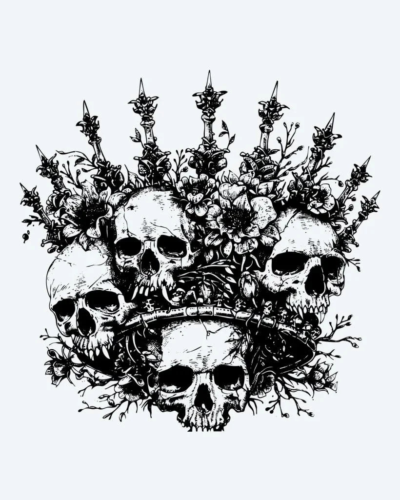 Design del tatuaggio semi-permanente Skull Crown di INKON – illustrazione corona, molteplici, umani, teschi, ornata, 4 x 4 in (9x9cm), disponibile su inkon.co