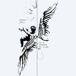 Design del tatuaggio semi-permanente Fallen Angel & Quote di INKON – illustrazione ispirante, caduto, angelo, spiegate, ali, 4 x 8 in (11x21cm), disponibile su inkon.co