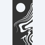 Design del tatuaggio semi-permanente Abstract Moon & Waves di INKON – illustrazione artistico, piena, luna, sopra, fluide, 3 x 4 in (6x11cm), disponibile su inkon.co
