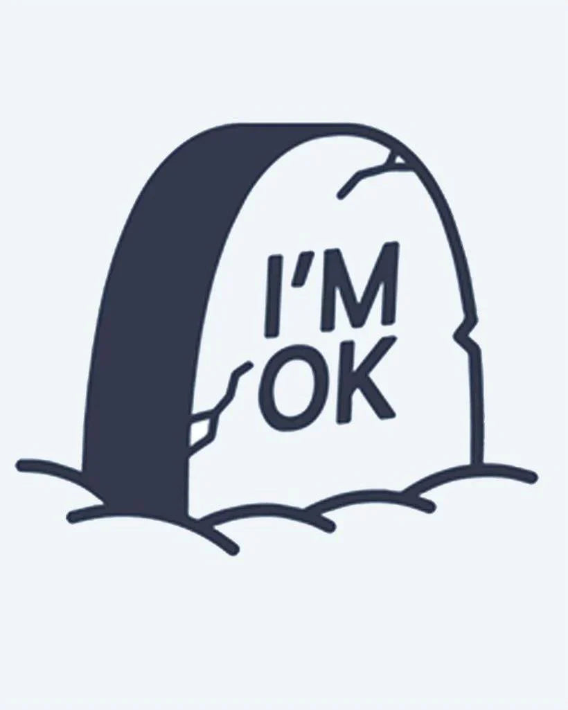 Design del tatuaggio semi-permanente I'm OK Tombstone di INKON – illustrazione di lapide spezzata umoristica, 2 x 2 in (5x5cm), disponibile su inkon.co