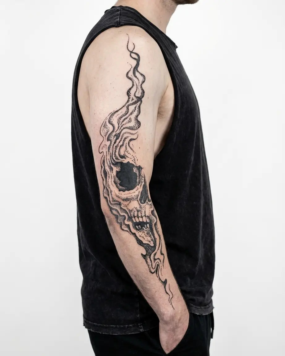 Tatuaggio semi-permanente INKON Smoke Skull applicato su un uomo – design 8 x 20 in (20x50cm), aspetto realistico dell'inchiostro, dura 10 giorni