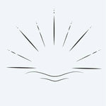 Design del tatuaggio semi-permanente Sunrise Horizon di INKON – illustrazione di alba minimalista con raggi radianti, 2 x 2 in (5x5cm), disponibile su inkon.co