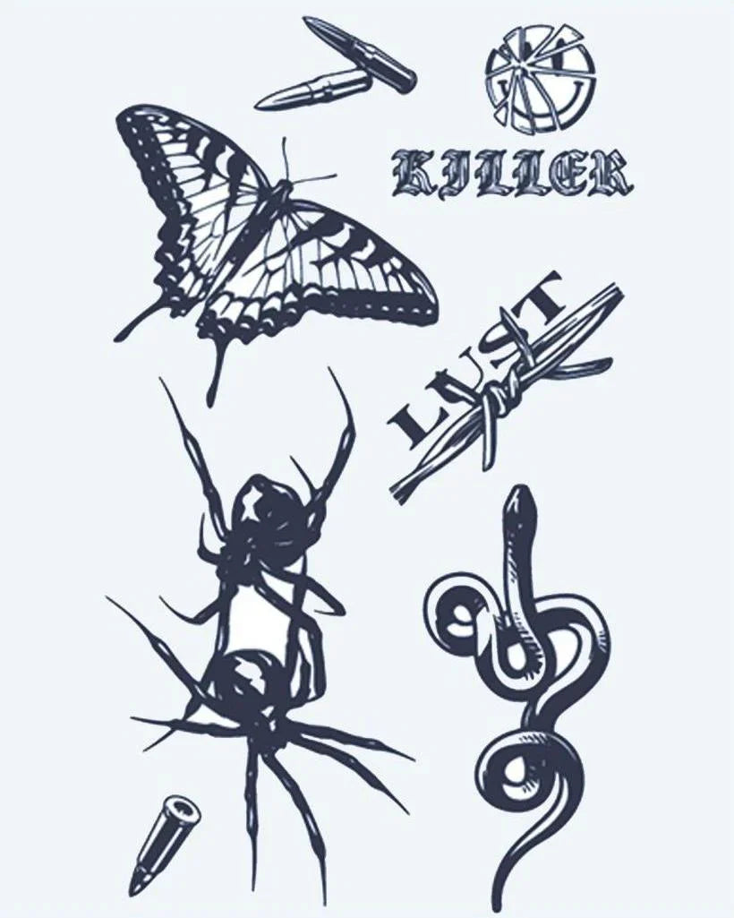 Design del tatuaggio semi-permanente Flash Sheet Dark di INKON – illustrazione flash, farfalla, ragno, serpente, proiettili, 4 x 7 in (10x17cm), disponibile su inkon.co
