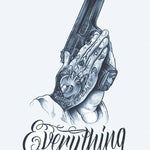 Design del tatuaggio semi-permanente Mani in Preghiera e Pistola di INKON – illustrazione tatuate, preghiera, mani, impugnano, pistola, 4 x 7 in (10x17cm), disponibile su inkon.co