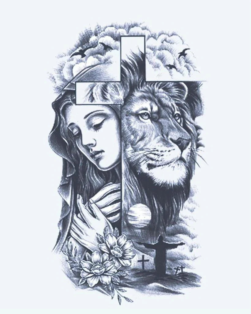 Design del tatuaggio semi-permanente Donna in Preghiera, Leone e Croce di INKON – illustrazione in preghiera, donna, leone, volto, divisa, 4 x 7 in (10x17cm), disponibile su inkon.co