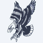 Design del tatuaggio semi-permanente Swooping Eagle di INKON – illustrazione di aquila americana in picchiata con artigli protesi, 2 x 2 in (5x5cm), disponibile su inkon.co