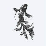 Design del tatuaggio semi-permanente Pesce Koi a Pennellate d'Inchiostro di INKON – illustrazione pesce, fluenti, pinne, reso, espressivo, 4 x 4 in (9x9cm), disponibile su inkon.co