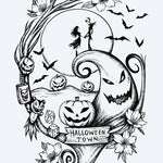 Design del tatuaggio semi-permanente Città di Halloween di INKON – illustrazione fantasiosa, halloween, scena, zucche, intagliate, 4 x 7 in (10x17cm), disponibile su inkon.co