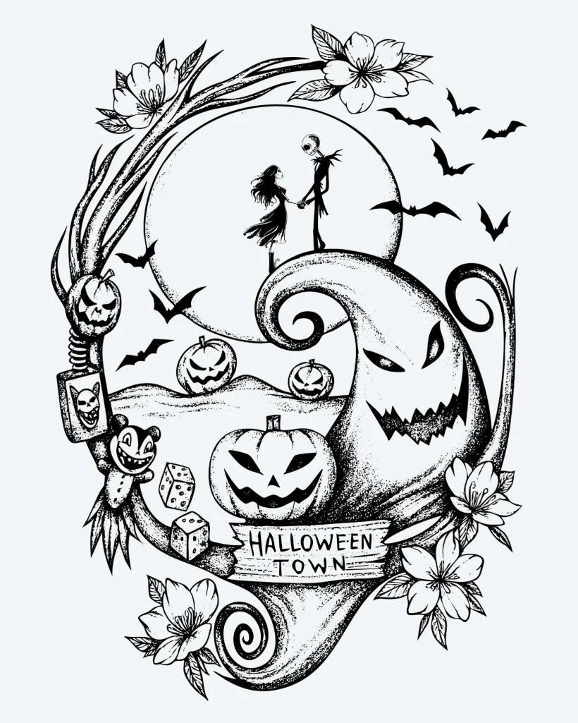 Design del tatuaggio semi-permanente Città di Halloween di INKON – illustrazione fantasiosa, halloween, scena, zucche, intagliate, 4 x 7 in (10x17cm), disponibile su inkon.co