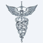 Design del tatuaggio semi-permanente Caduceus Serpents & Sword di INKON – illustrazione elaborato, serpenti, attorcigliati, alata, spada, 3 x 4 in (7x10cm), disponibile su inkon.co