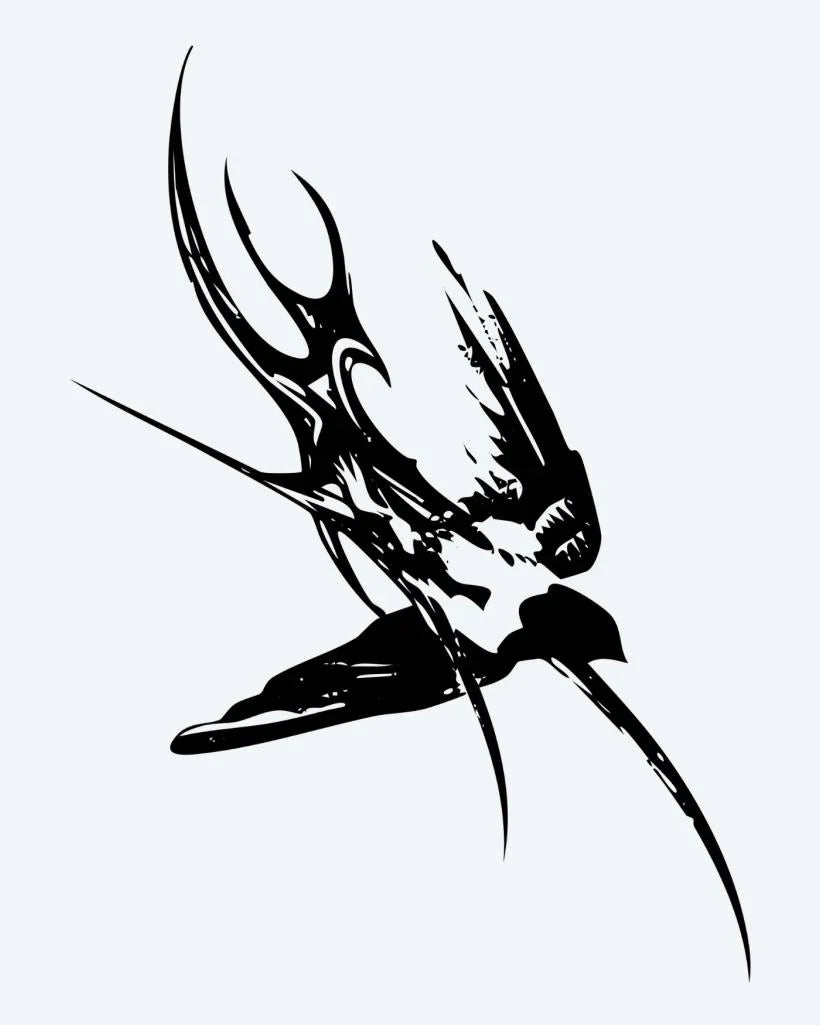 Design del tatuaggio semi-permanente Tribal Swallow di INKON – illustrazione dinamico, picchiata, rondine, uccello, tribale, 3 x 4 in (7x10cm), disponibile su inkon.co